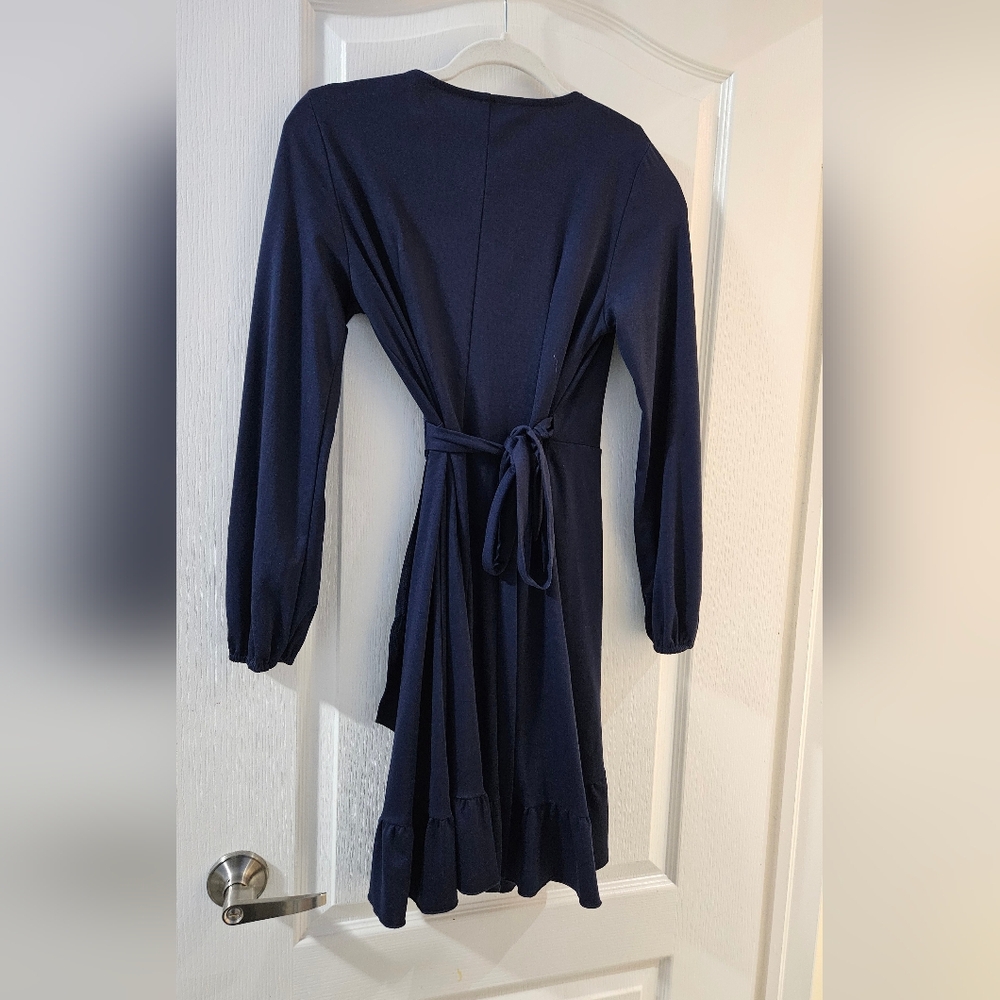 Navy Wrap-Style Ruffle Dress - Picture 2 of 3
